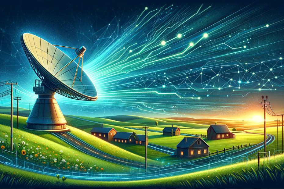 A-digital-illustration-featuring-a-satellite-dish-on-a-rolling-green-hill-with-a-farmstead-in-the-background-symbolizing-rural-america.